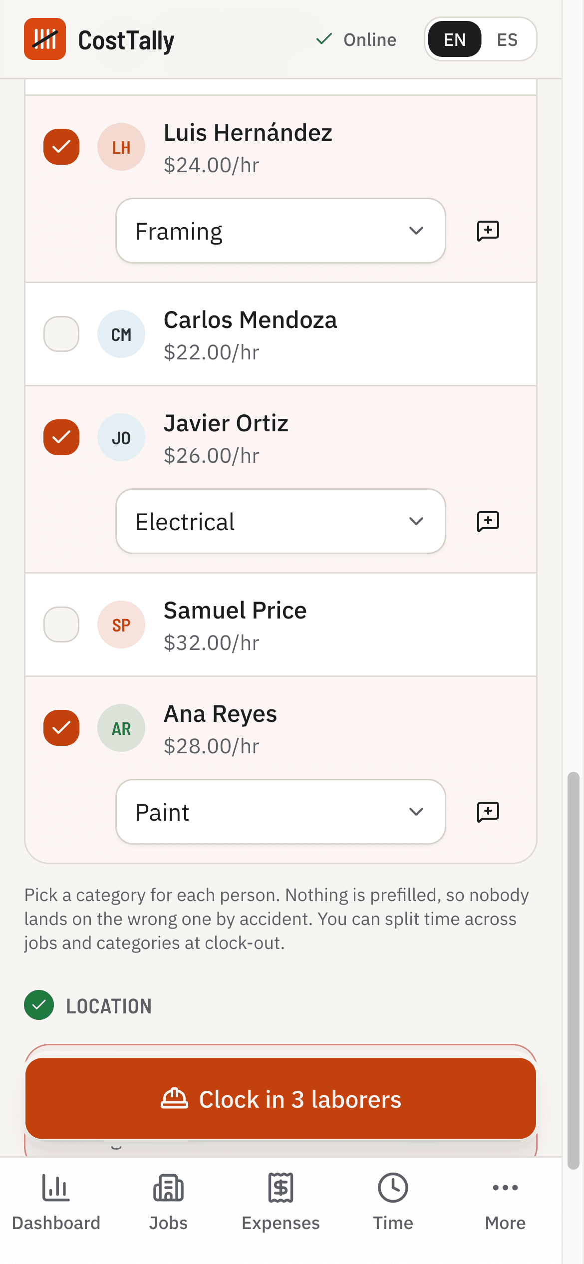 Clock-in on a phone: three workers checked with a category each, and the location check passed.